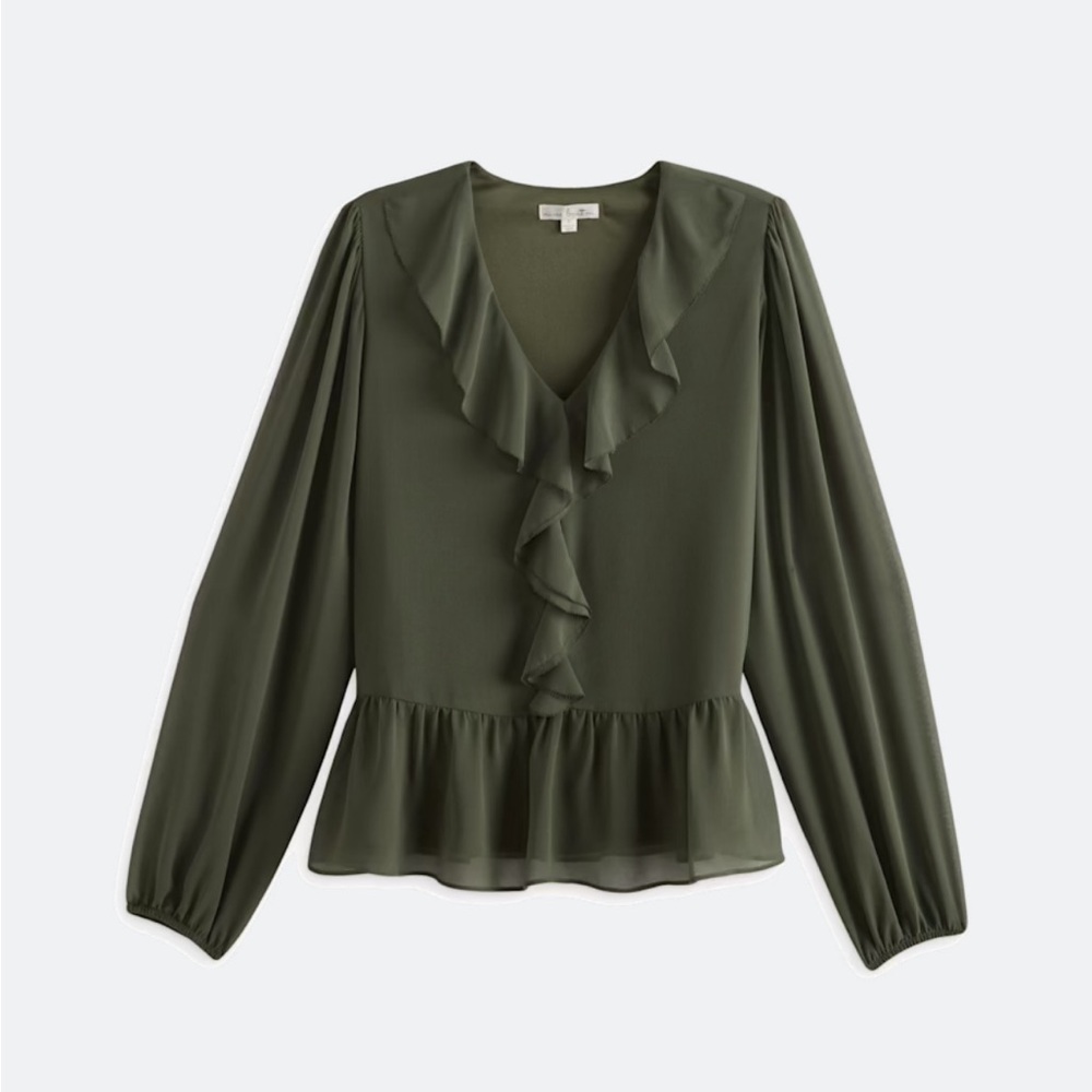 Nine Britton Zola Elegant Olive Green Peplum Ruffle Blouse. NWT.  Size XL